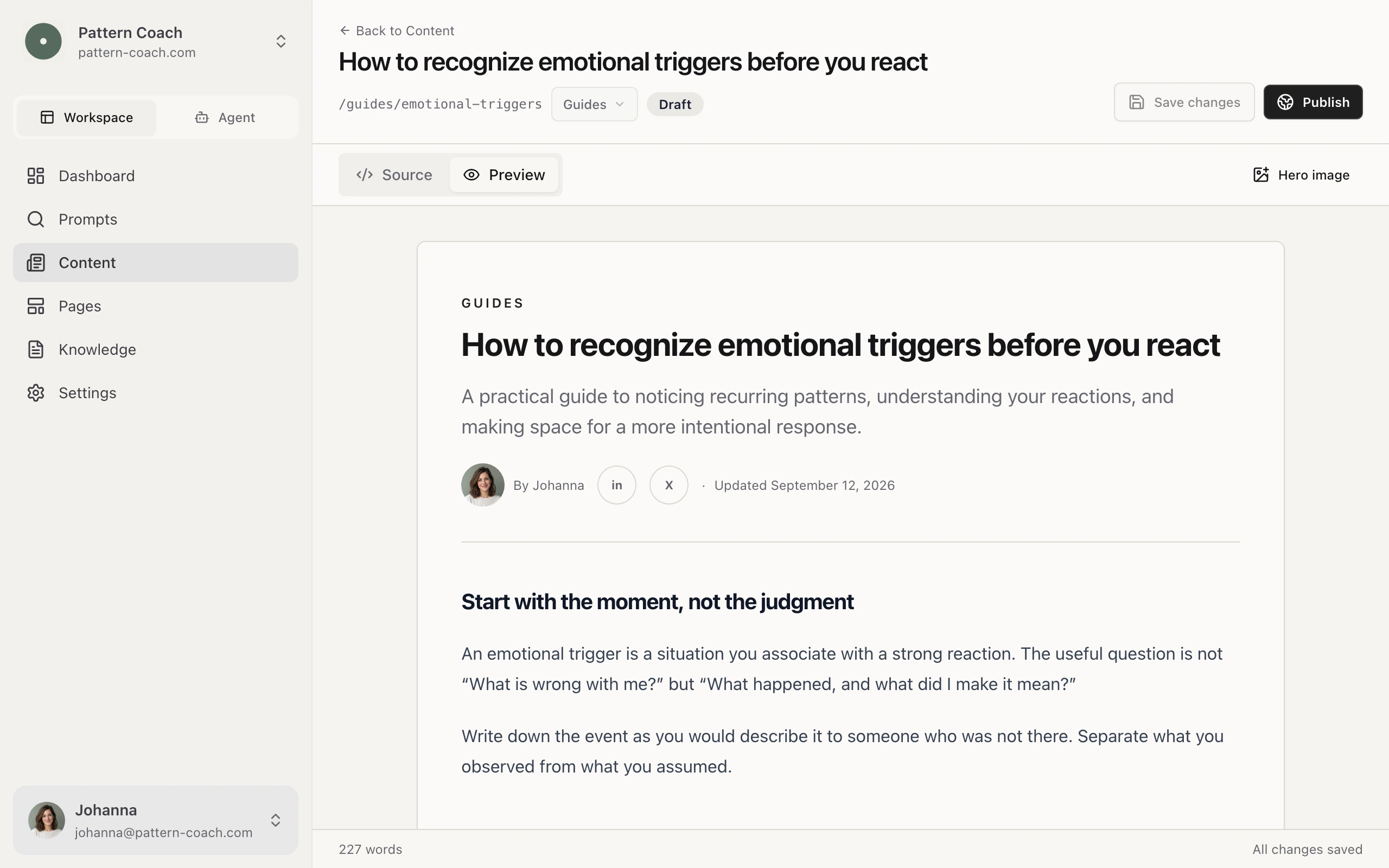 Tideflow AI article editor preview with simulated Pattern Coach content